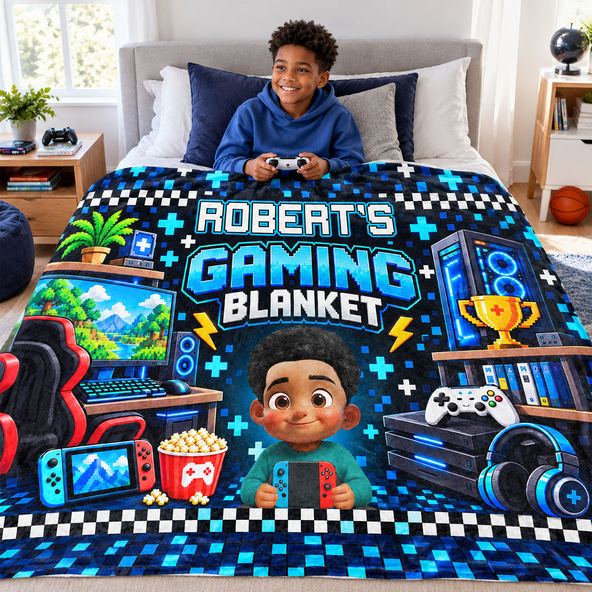 Custom Gamer Name - Personalized Fleece Blanket - Video Game Lover Gift For Son Grandson Teen Boy, Birthday Holiday Gift