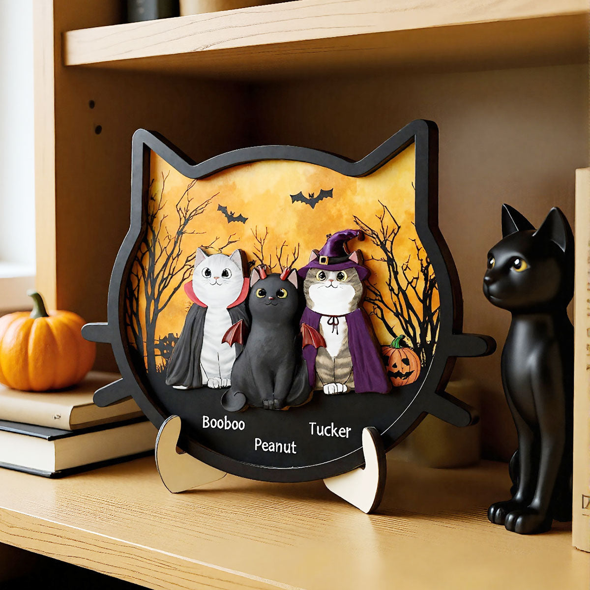 Spooky Halloween Theme Cat Face Personalized 2-Layer Wooden Plaque