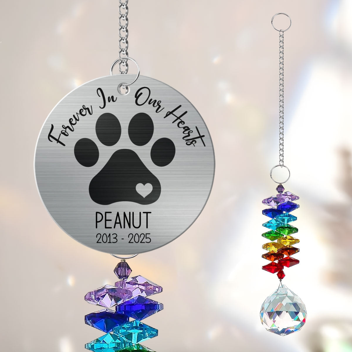 Pet Dog Memorial Forever In Our Hearts Personalized Crystal Suncatcher With Aluminum Charm