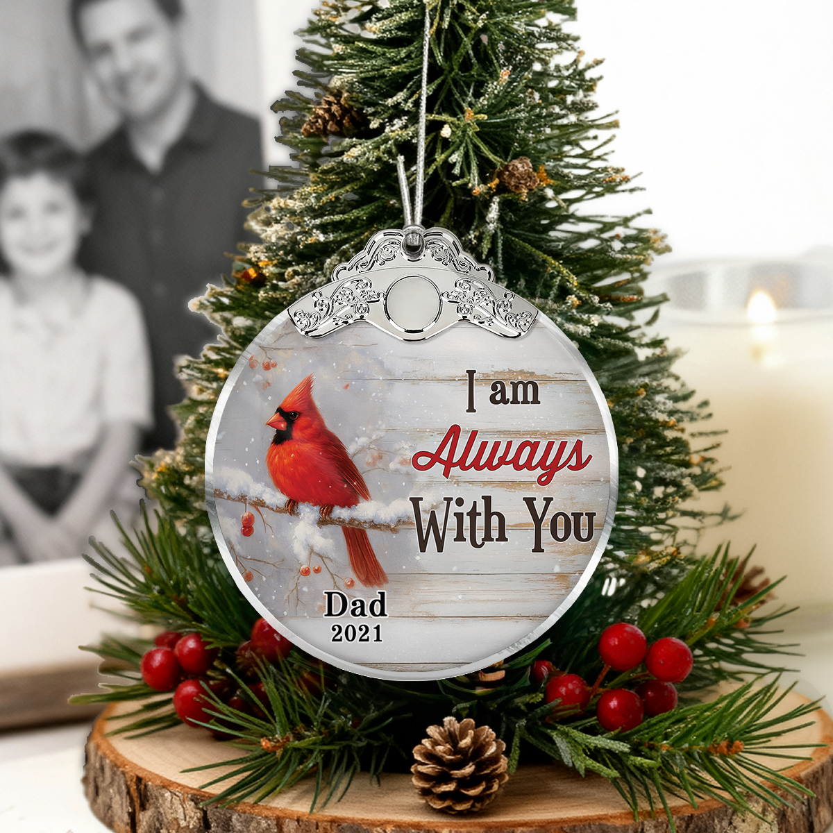 We're Always With You Cardinals In Snow - Personalized Glass Ornament With Silver Cap - Christmas Memorial Keepsake For Family