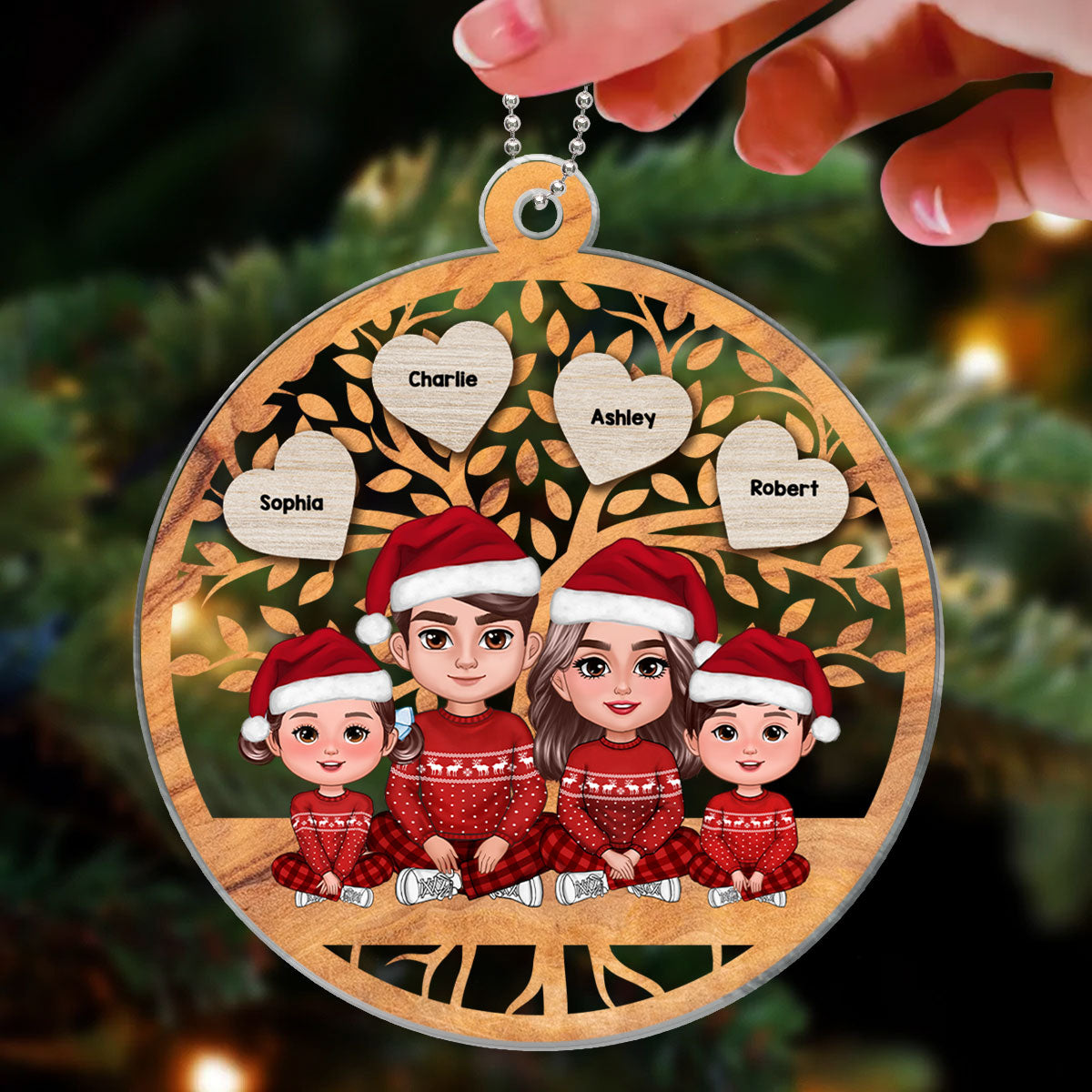 Christmas Family Sitting Under Tree Personalized Acrylic Ornament