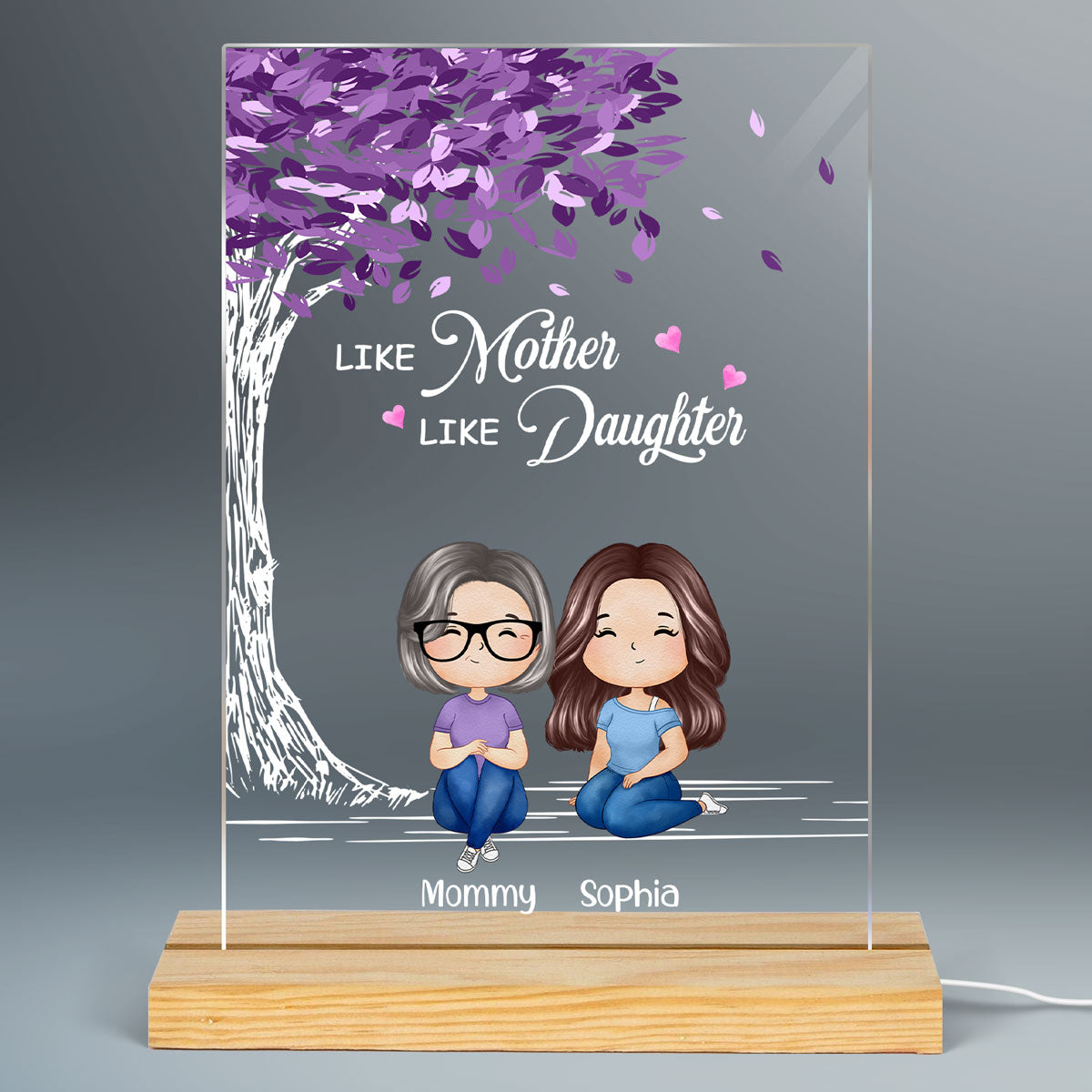 Like Mother Like Daughter Purple Tree Doll Woman Sitting Watercolor Style Personalized LED Night Light