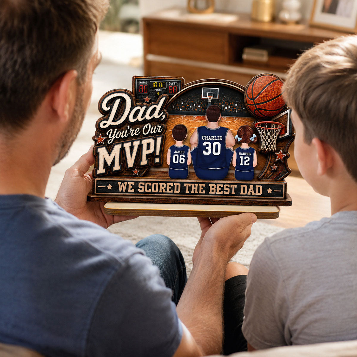 Dad You Are Our MVP Sitting Basketball Man & Kids 2D Flat - Personalized 2-Layered Wooden Plaque - Father's Day Gift For Basketball Dad