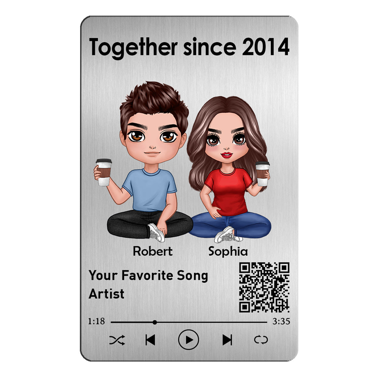 Doll Couple Sitting Together Since Favorite Song Scannable QR Code Personalized Metal Wallet Card