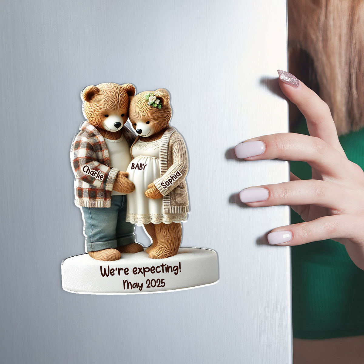 3D Effect Bear Couple Expecting New Baby Pregnancy Announcement Keepsake Personalized Acrylic Fridge Magnet