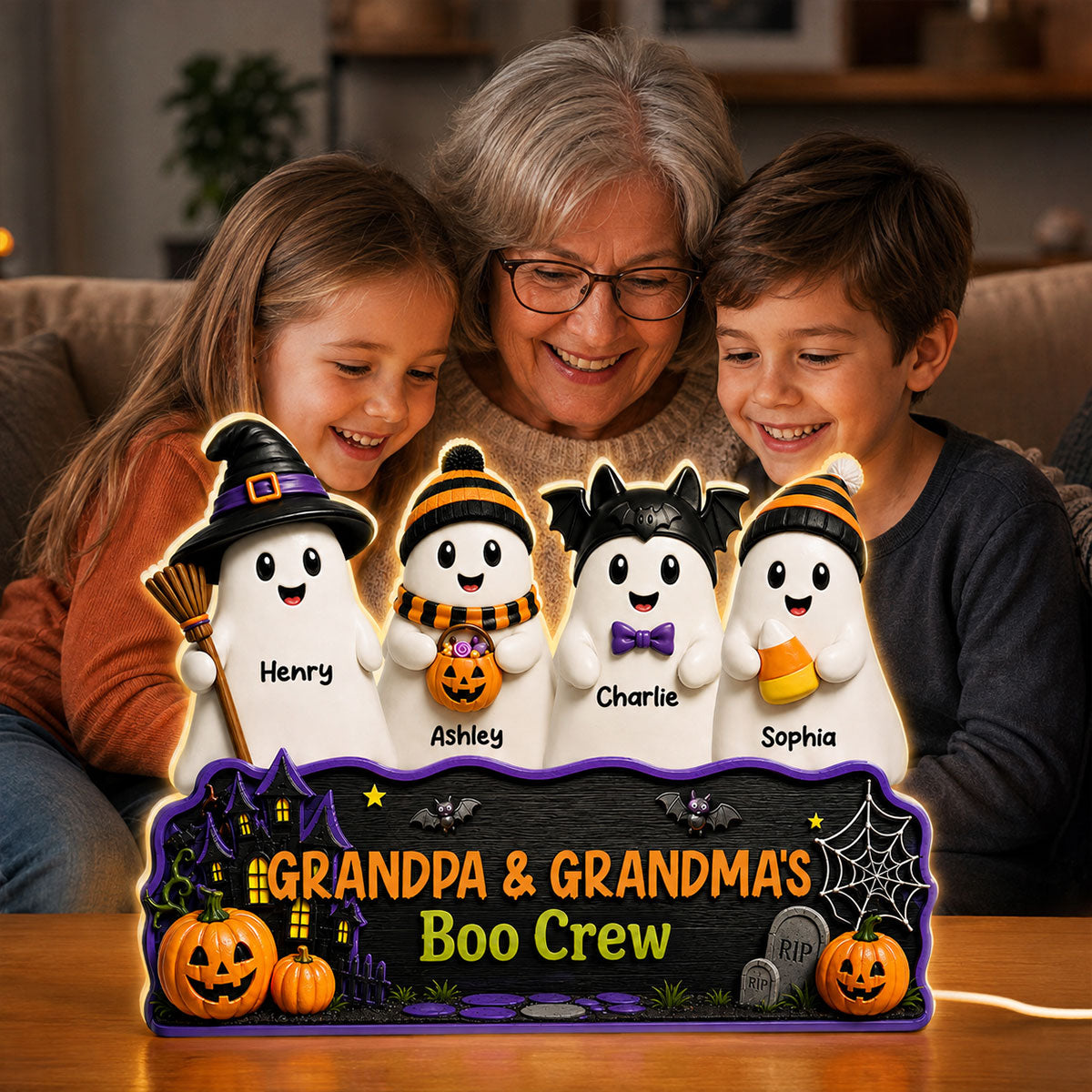 Halloween Grandpa Grandma's Boo Crew - Personalized Light Box - Halloween Decor For Grandparents