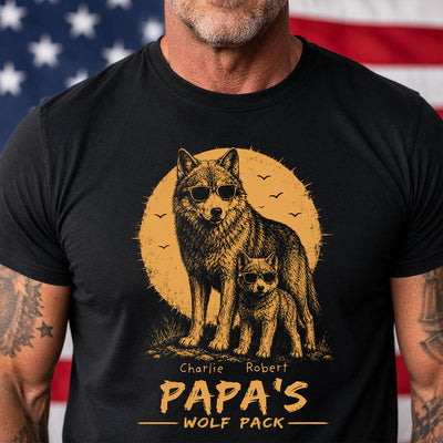 Retro Yellow Vintage Dad Grandpa Papa Wolf Pack - Personalized Shirt - Father's Day Gift For Dad, Husband