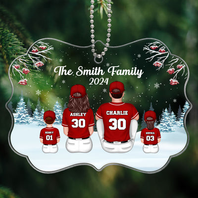 Baseball Family Sitting In Snow Personalized Acrylic Ornament, Christmas Gift