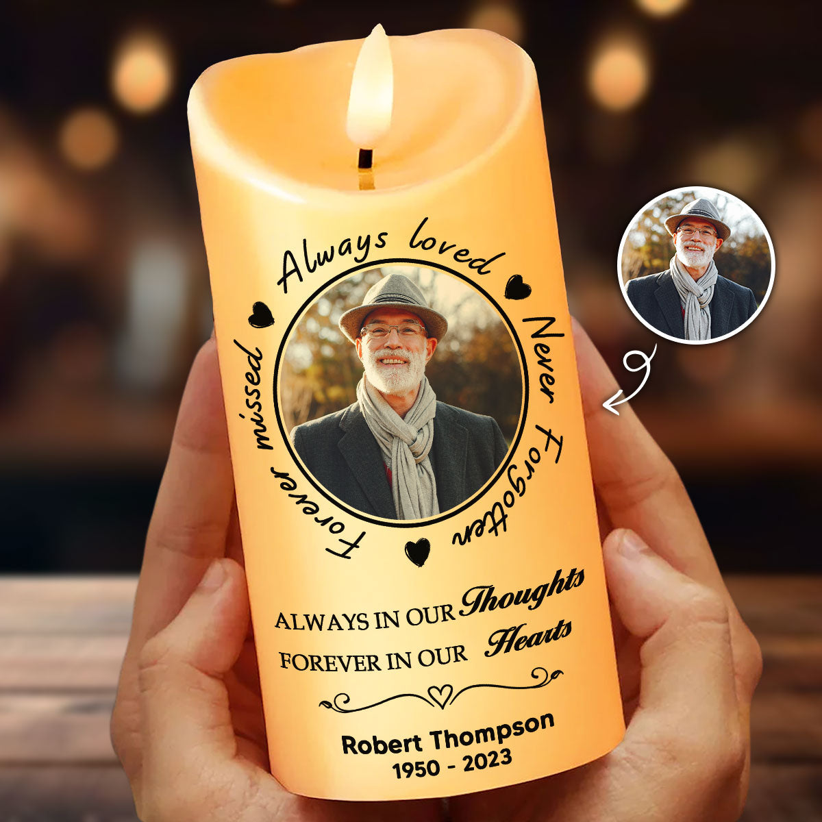 Always Loved Never Forgotten Memorial Personalized LED Candle, Custom Photo Sympathy Gift