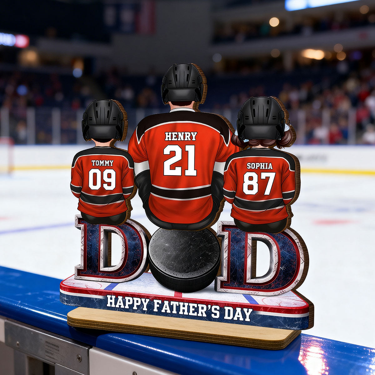 Hockey Dad And Kids Sitting Together - Personalized 2-Layered Wooden Plaque - Father's Day Gift, Gift For Hockey Dad, Gift For Husband