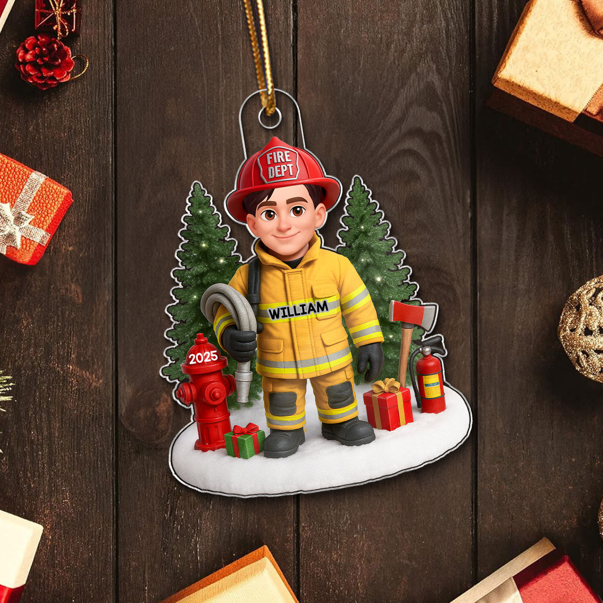 3D Effect Proud Firefighter With Signature Symbols Christmas - Personalized Acrylic Ornament