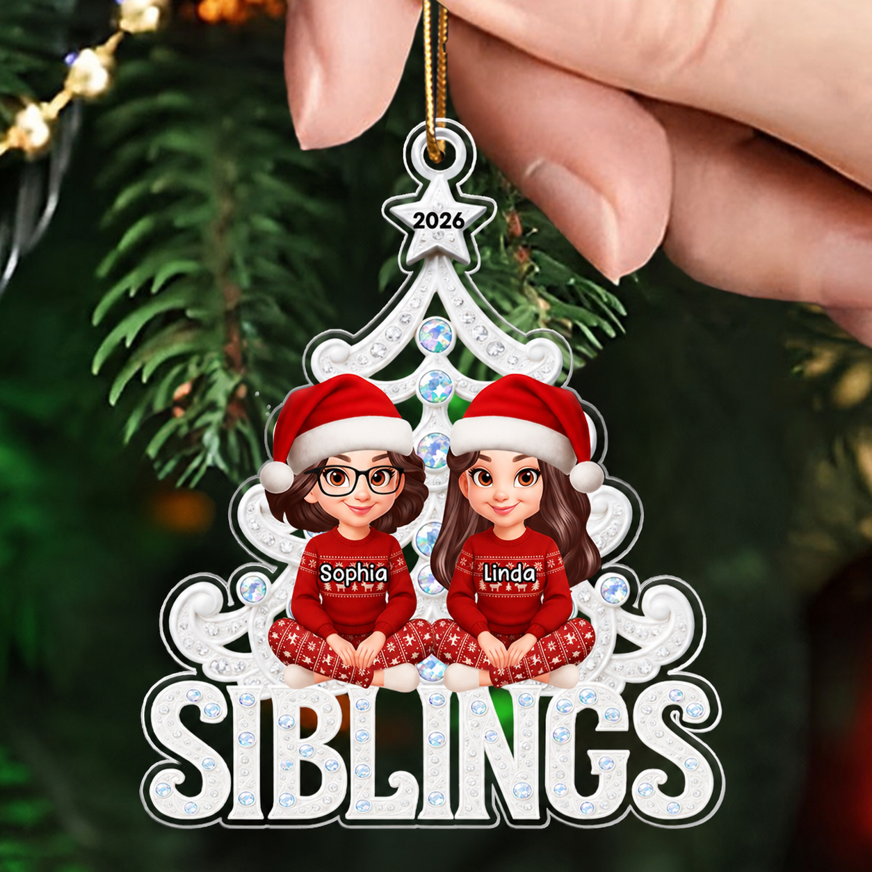 Siblings Forever Metallic Crystal Effect - Personalized Acrylic Ornament - Christmas Gift for Siblings