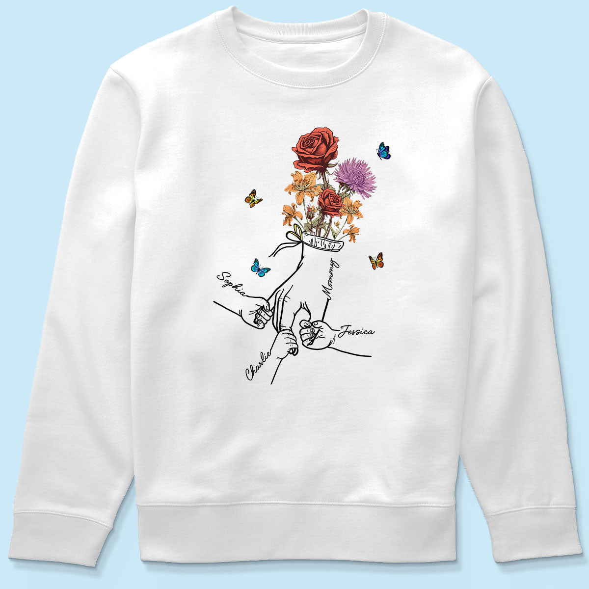 Holding Mom Grandma Hand Birth Month Flowers Personalized Shirt