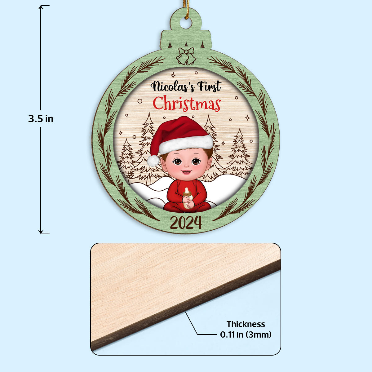 Rustic Baby's First Christmas Personalized Wooden Ornament