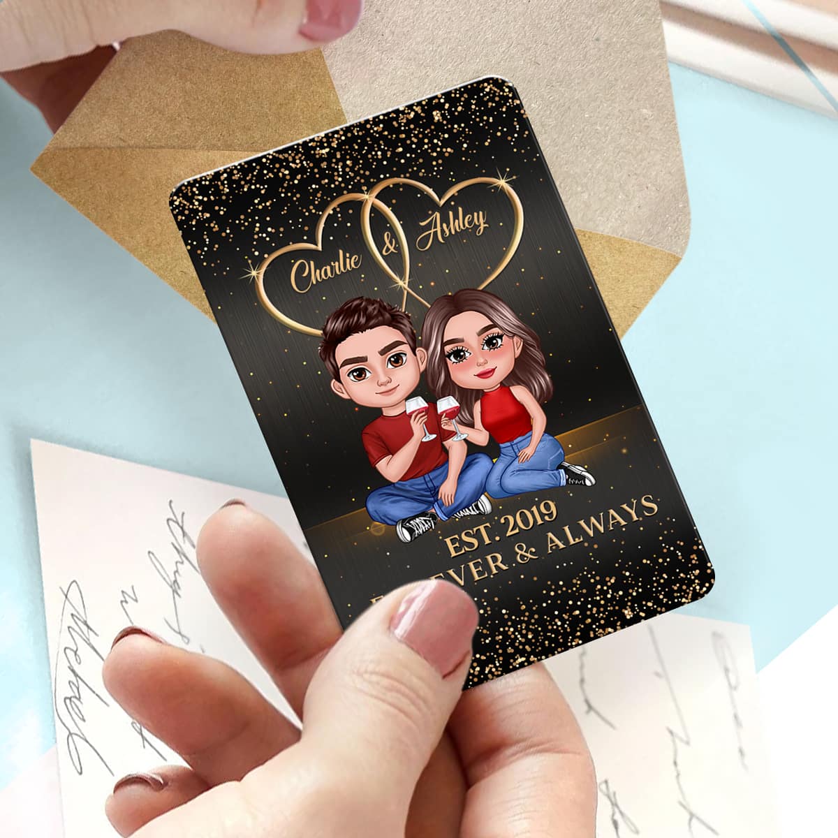 Doll Couple Sitting Galaxy Personalized Metal Wallet Card