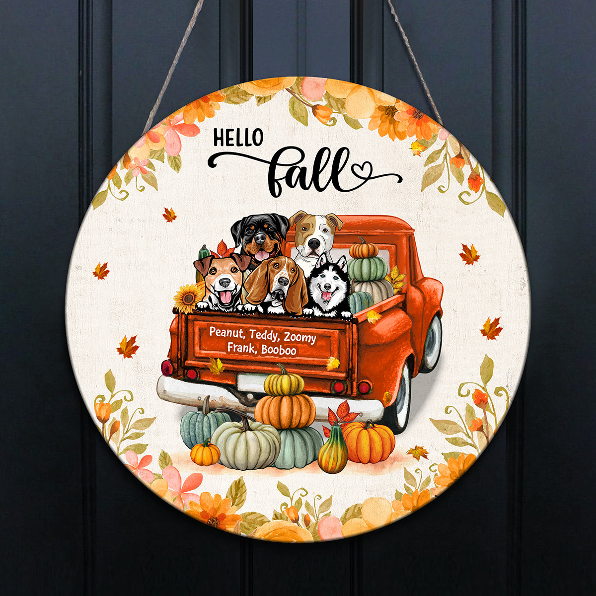 Hello Fall Dogs On Truck Personalized Wooden Door Sign