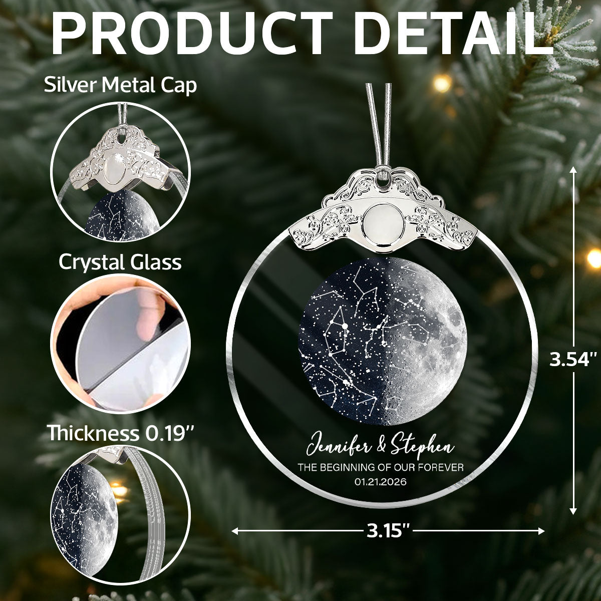 Custom Moon Phase & Star Map by Date - Personalized Glass Ornament With Silver Cap - Heartfelt Christmas Gift, Anniversary Gift, For Couple, For Him, For Her
