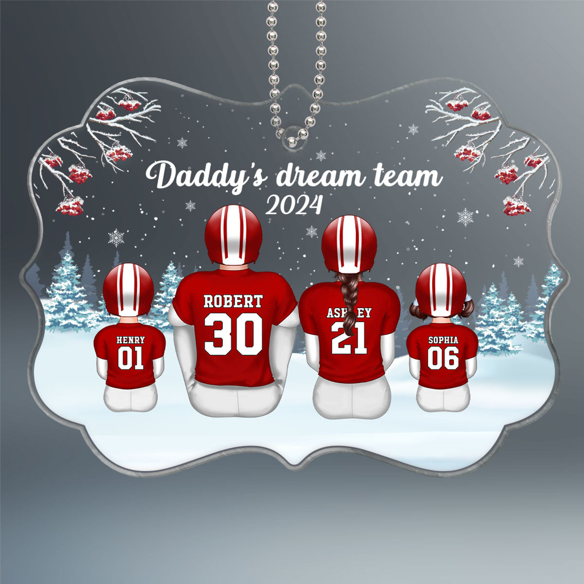 Football Family Sitting In Snow Personalized Acrylic Ornament, Christmas Gift