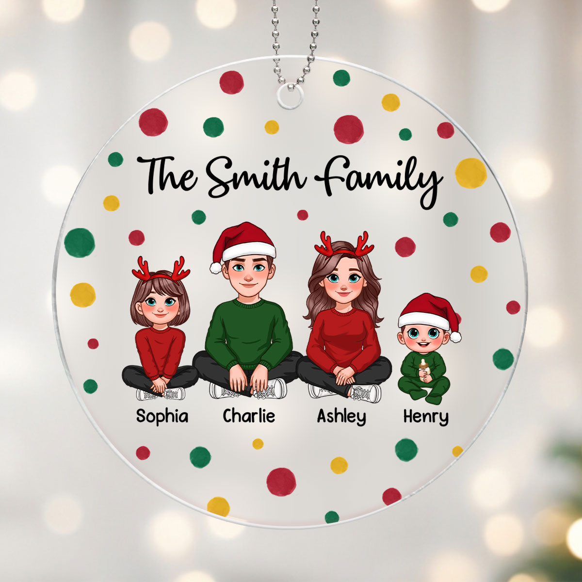 Red Green Dots Family Sitting Personalized Acrylic Ornament