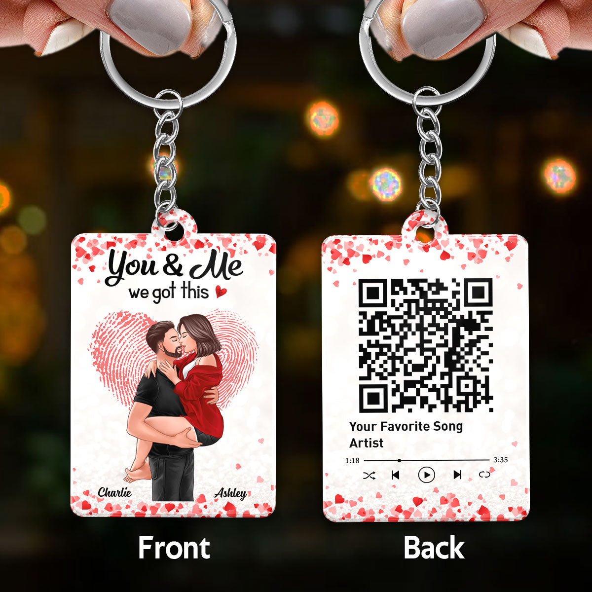 Fingerprint Heart Man Holding Woman Kissing Favorite Song Scannable QR Code Personalized Acrylic Keychain