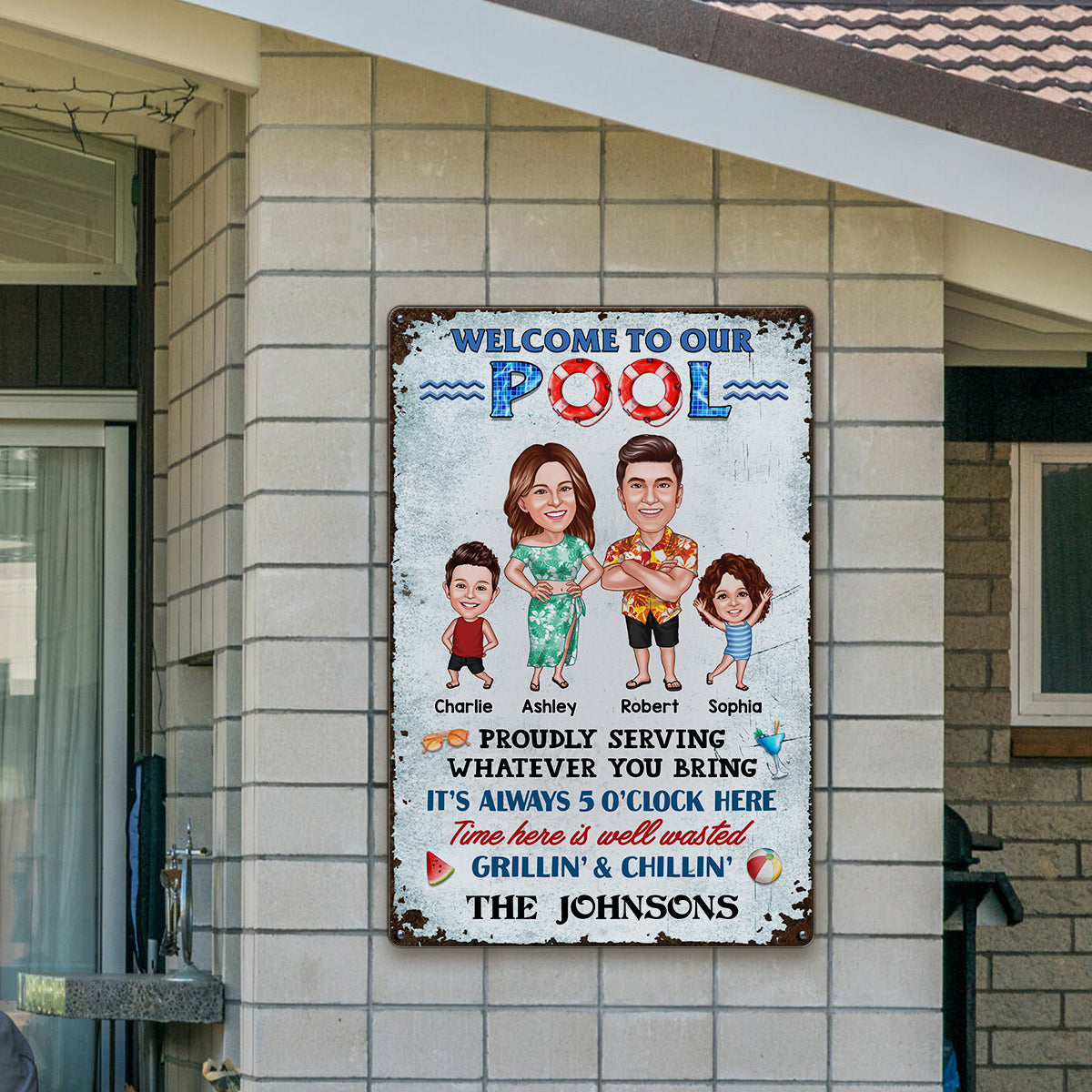 Welcome To Our Pool Caricature Family, Summer Swimming Decor, Personalized Metal Sign