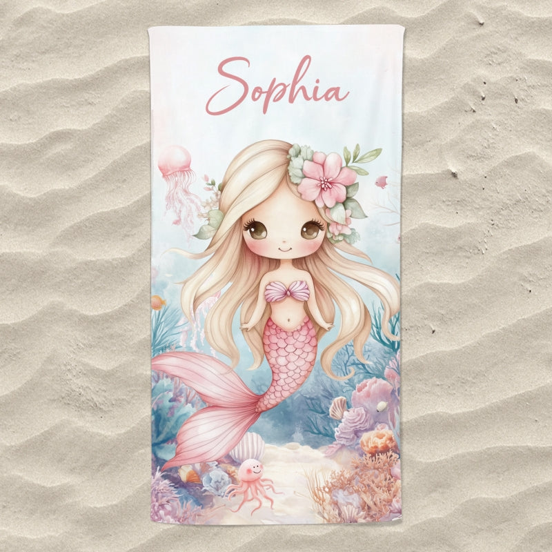 Sea World Cute Mermaid Personalized Beach Towel with Name, Beach Vacation Accessories Gift for Children, Bath Towel