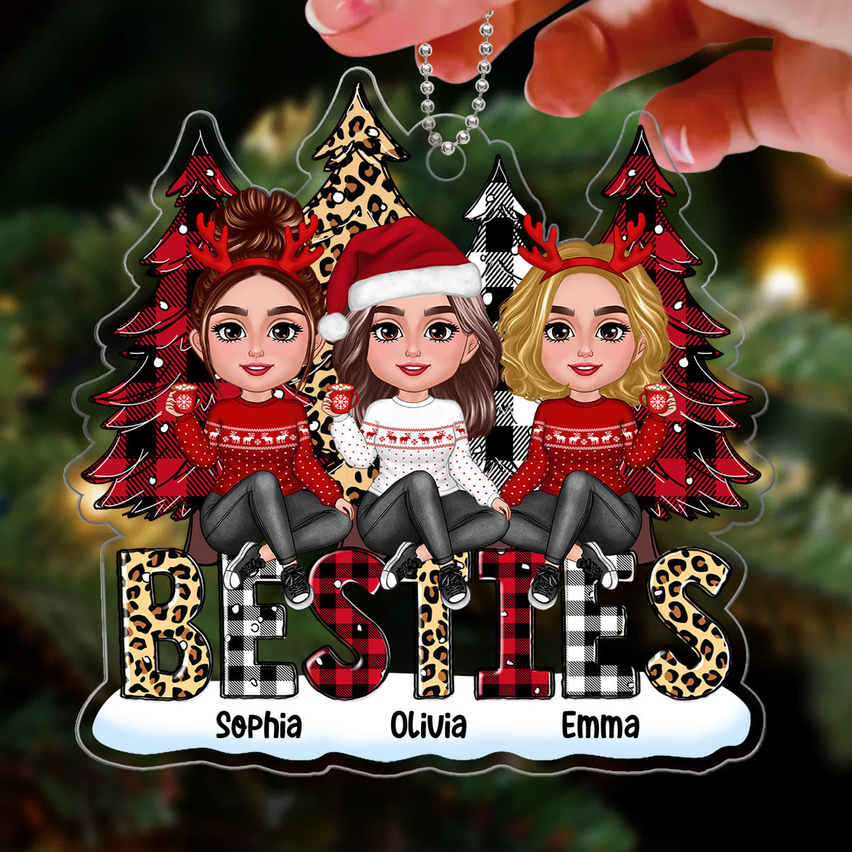 Doll Besties Sisters Sitting On Leopard Checkered Pattern Christmas Tree Personalized Acrylic Ornament