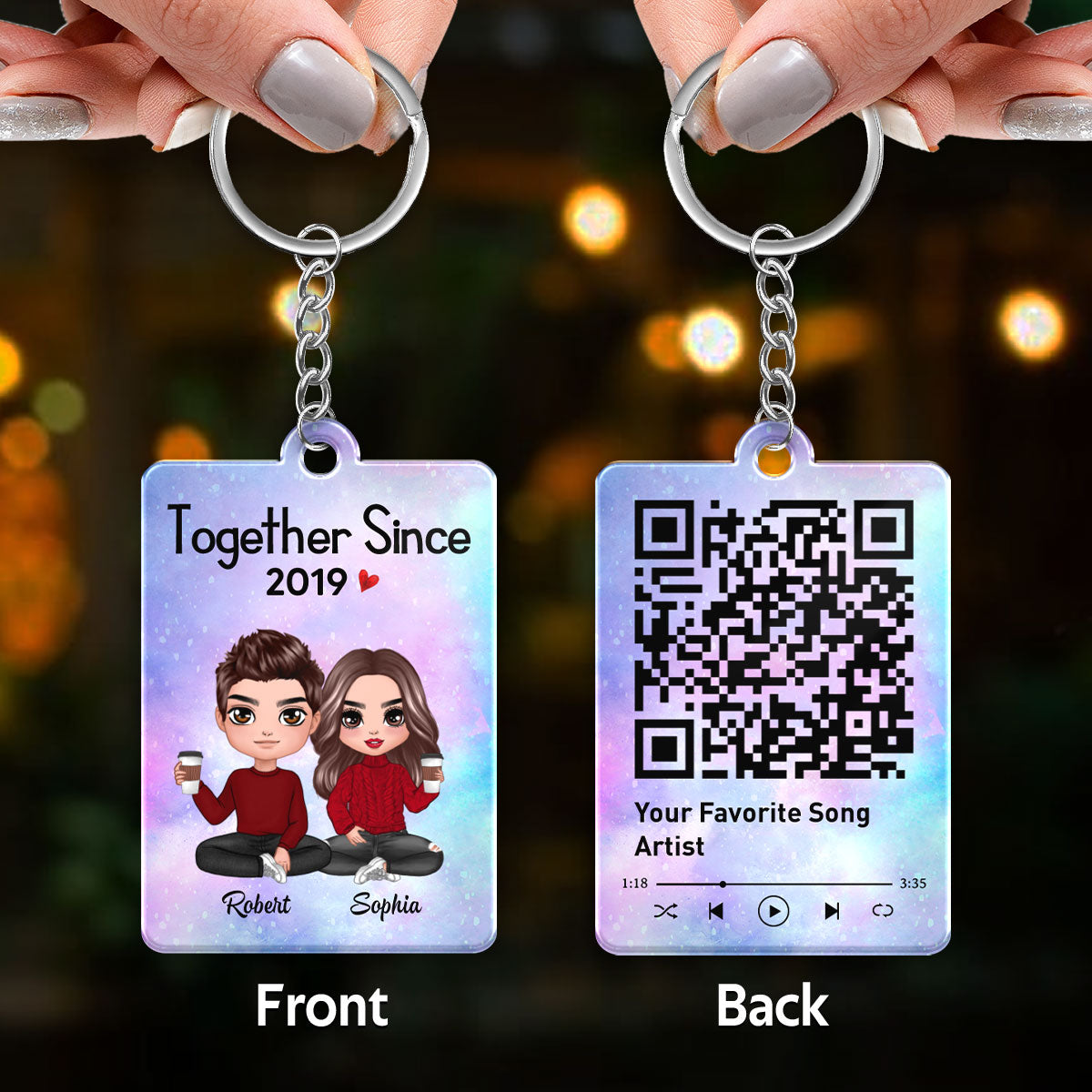 Doll Couple Sitting Together Since Favorite Song Scannable QR Code Personalized Acrylic Keychain