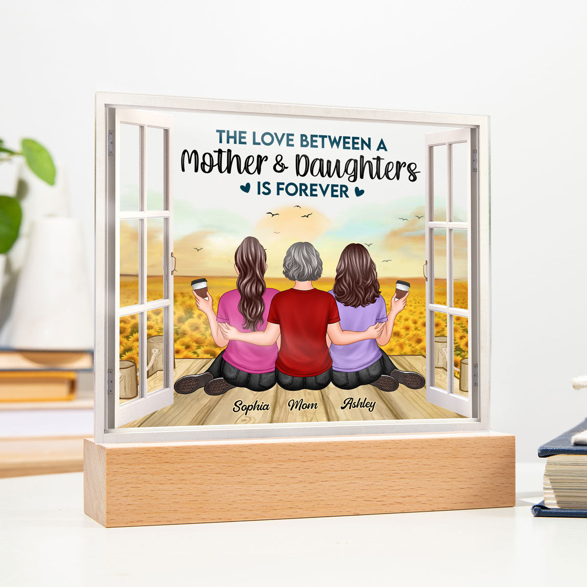 Mother Daughter Sunflower Field Window Personalized LED Night Light
