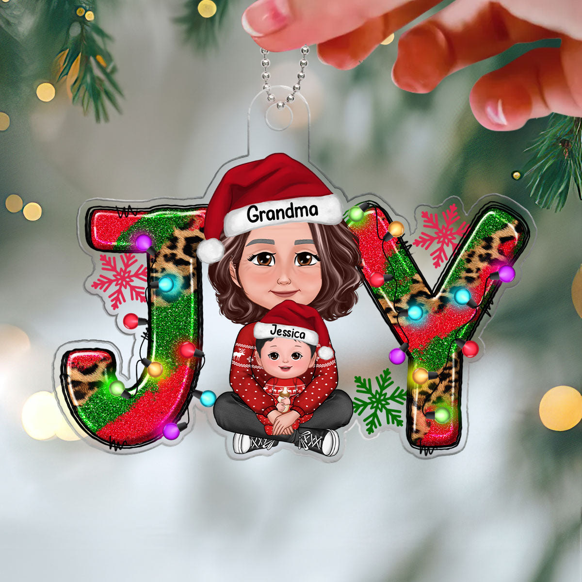 Joy Christmas Grandma & Grandkid Crossed Legs Personalized Acrylic Ornament