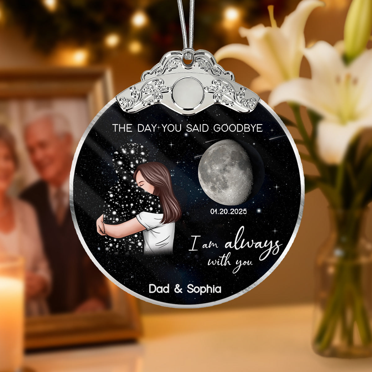 The Day You Said Goodbye Custom Moon Phase - Personalized Glass Ornament With Silver Cap - Heartwarming Memorial Sympathy Gift