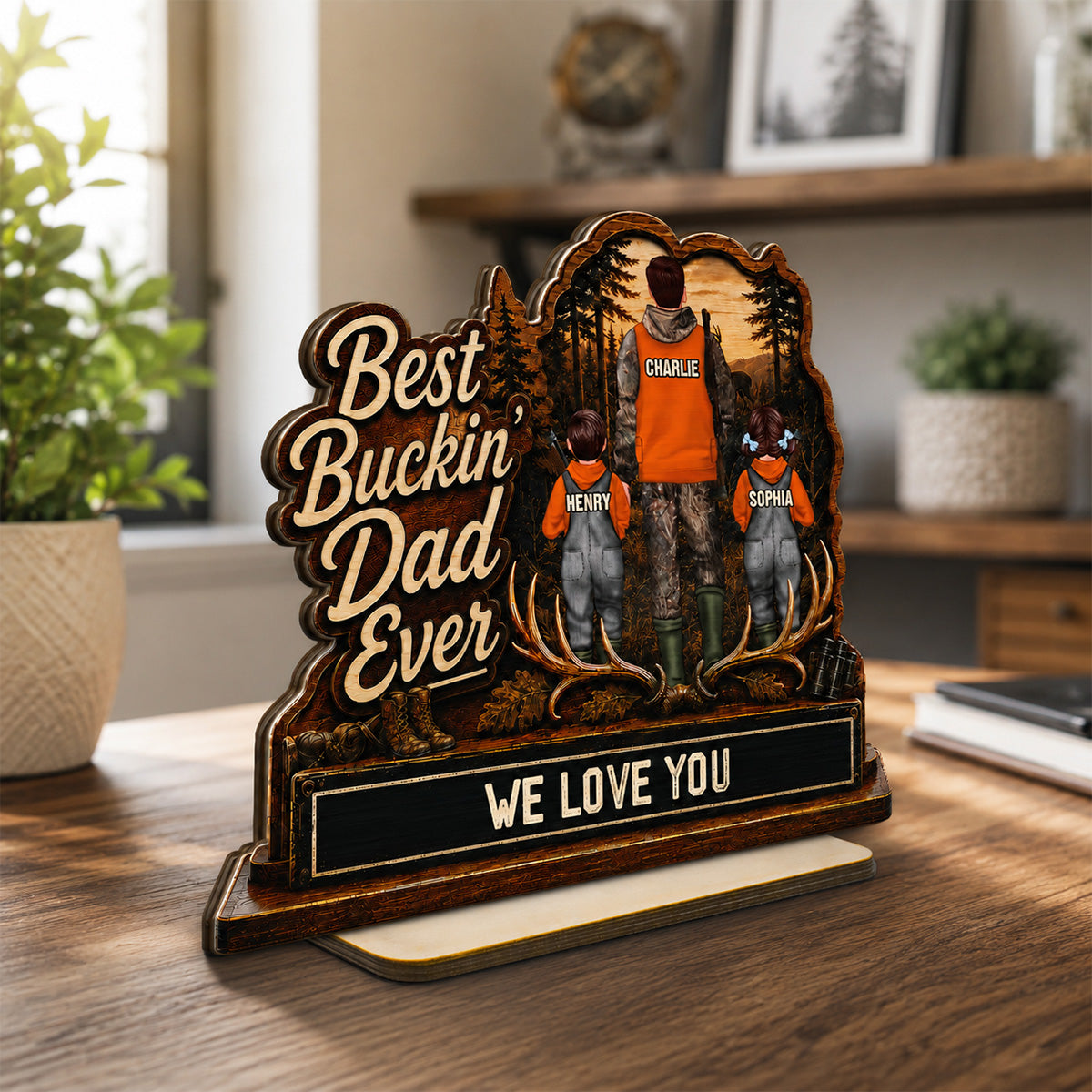Best Buckin' Dad Papa Ever Hunting Man & Kids 2D Flat - Personalized 2-Layered Wooden Plaque - Father's Day Gift For Hunting Dad, Grandpa