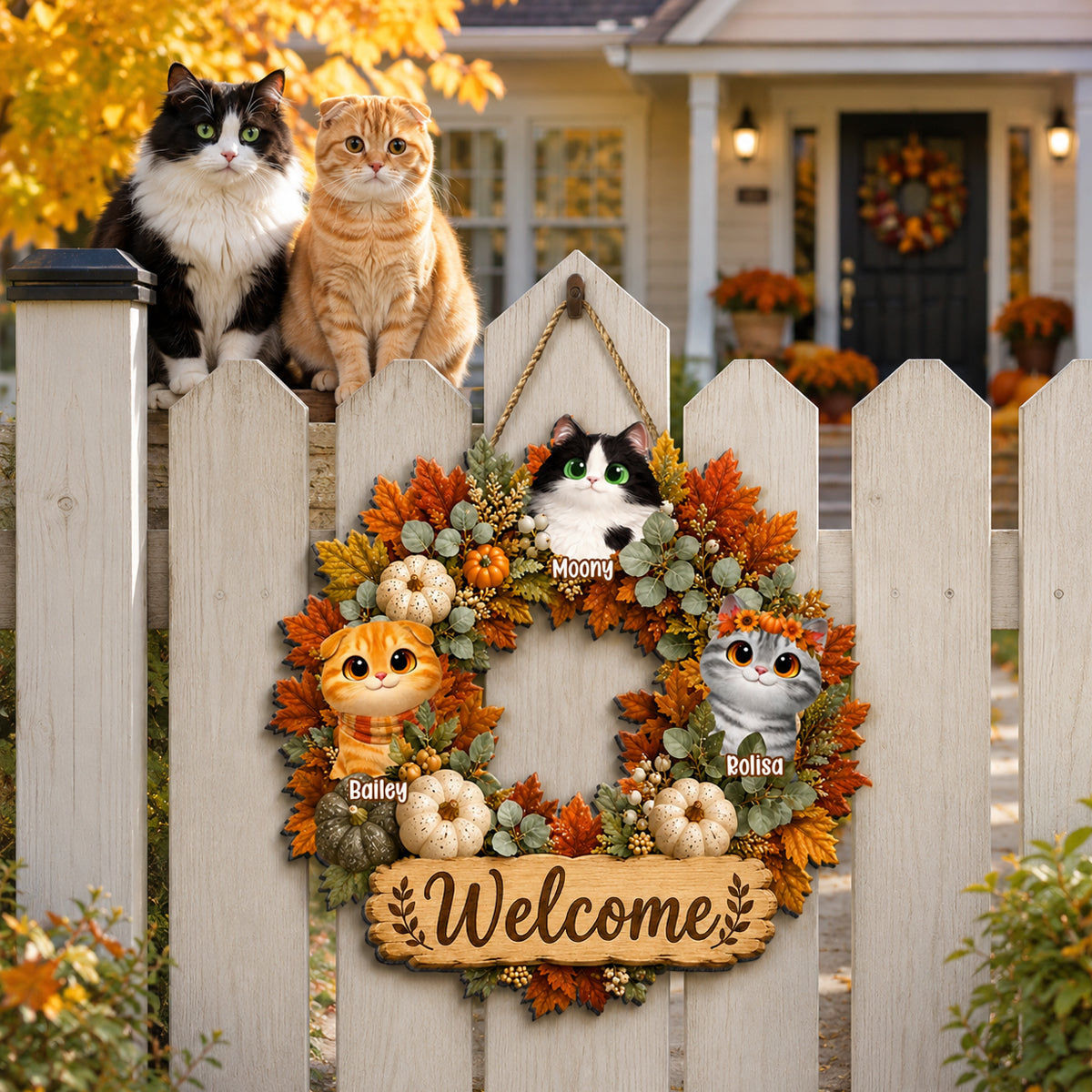 Fall Pumpkin Wreath Cats - Personalized Door Sign - Fall Season Decor Gift, Gift For Cat Lovers