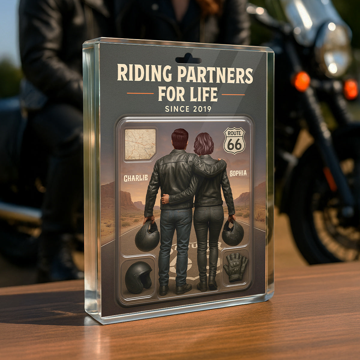 3D Effect Custom Figure Couple Bikers Riding Partners For Life Personalized Flat Acrylic Block, Birthday Gift, Wedding Gift, Anniversary Gift For Bikers