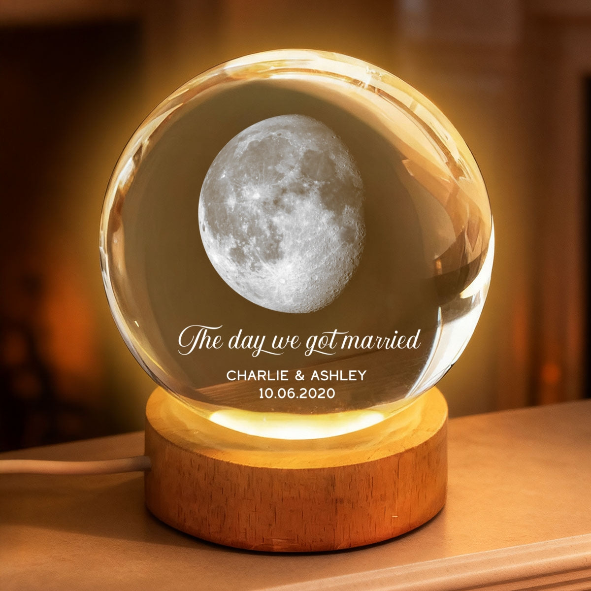 Our Moon Couple Anniversary Date - Personalized Crystal Ball LED Night Light - Sentimental Valentine's Day Gift for Her, for Him