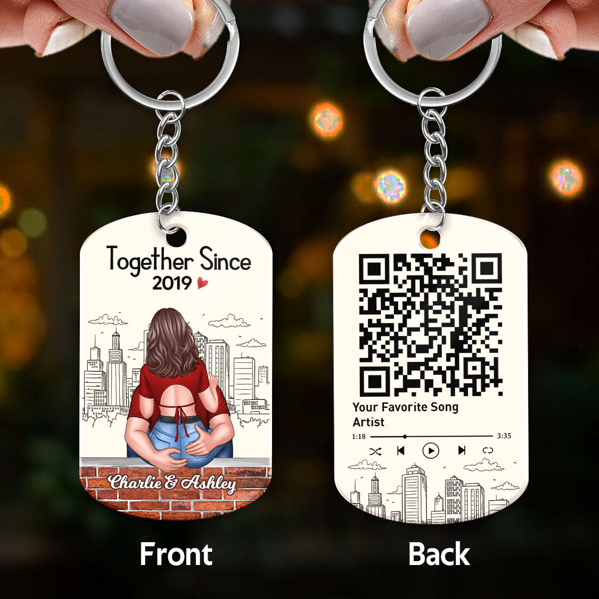 Man Holding Woman Back View Favorite Song QR Code Personalized Acrylic Keychain