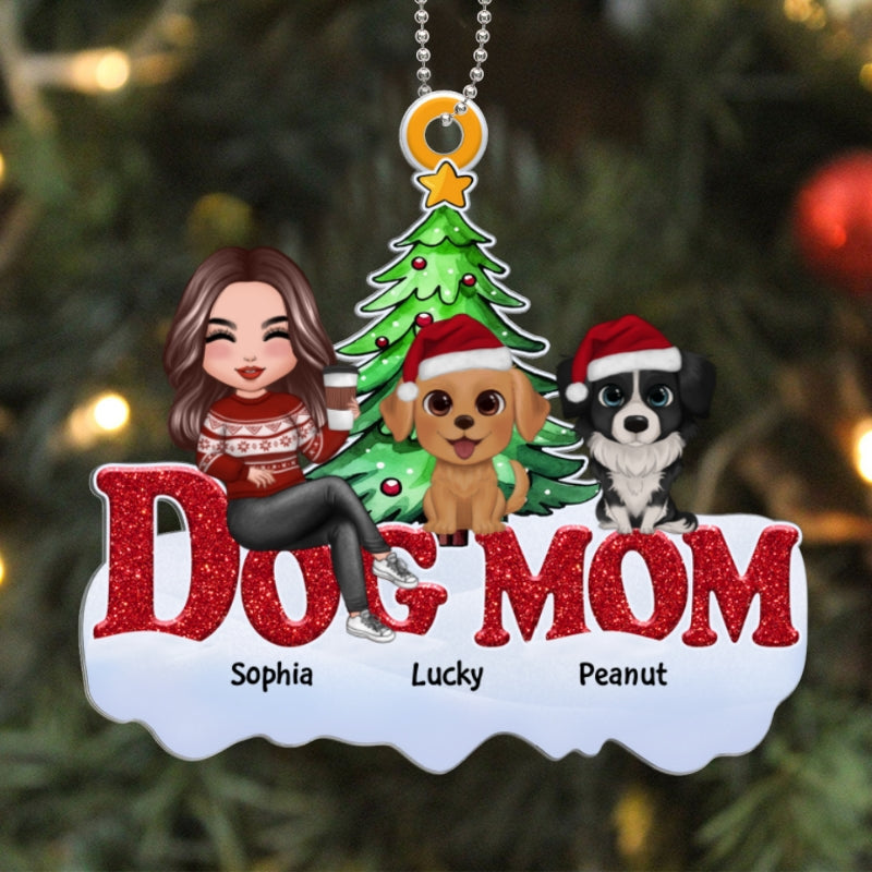 Funny Dogs Cartoon And Dog Mom Sitting On Word Personalized Acrylic Ornament