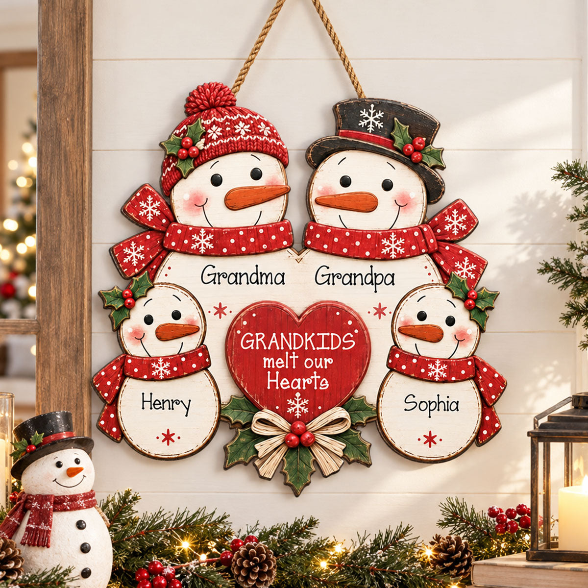 Merry Christmas Grandpa Grandma Grandkids Snowman - Personalized Wood Sign - Christmas Decor, Door Sign For Grandparents