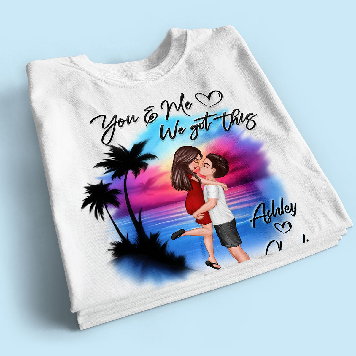 Couple Hugging Kissing Airbrushed Beach Scene Personalized Shirt