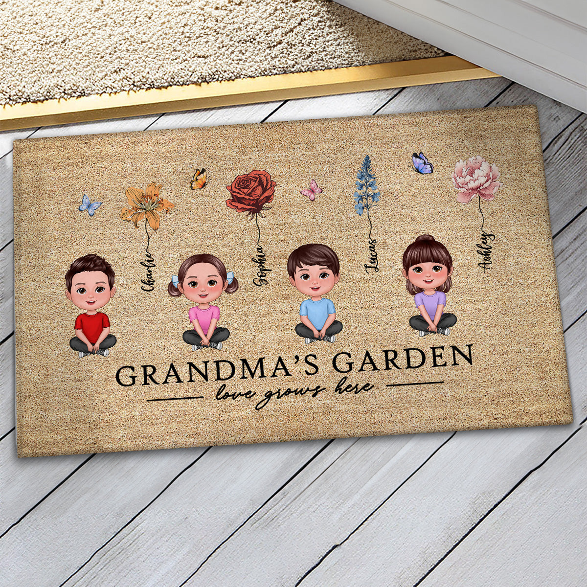 Love Grows Here Grandma Garden Birth Month Flowers Grandkids Crossed Legs Personalized Doormat