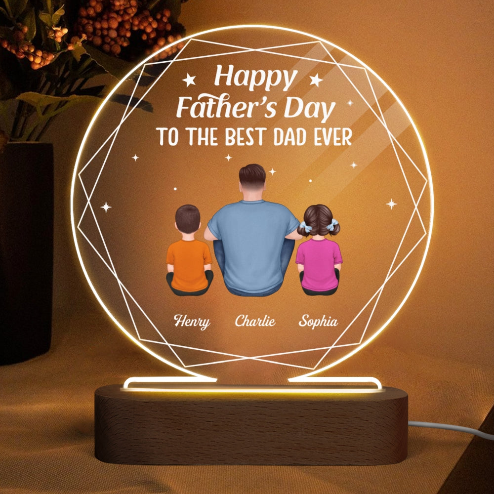 Hexagon Frame Best Dad Ever Back View Man Sitting With Kids Dogs Cats Personalized Circle Acrylic Plaque LED Night Light