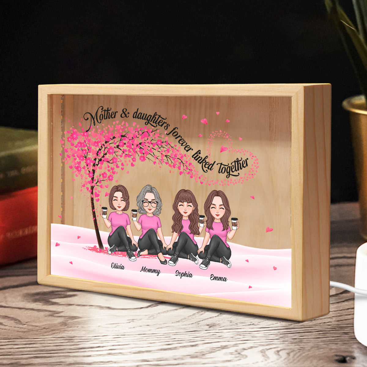 Mom And Daughters Under Pink Tree Personalized Wooden Frame Light Box