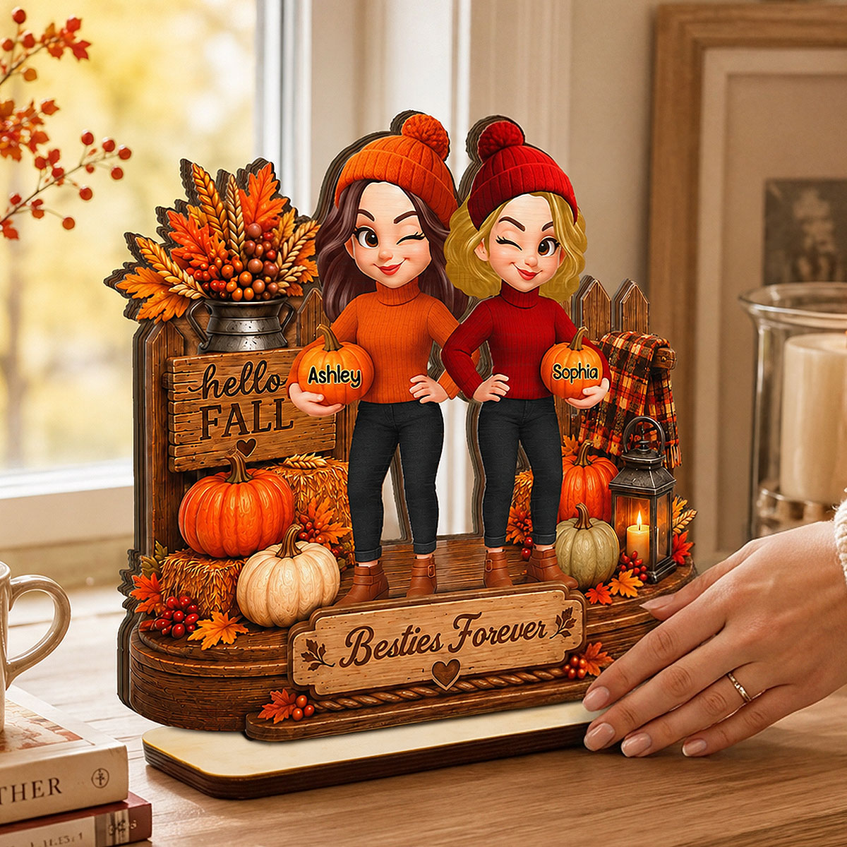Besties Forever Fall Pumpkin Patch 2D Flat - Personalized Wooden Plaque - Cozy Fall Season Gift for Besties