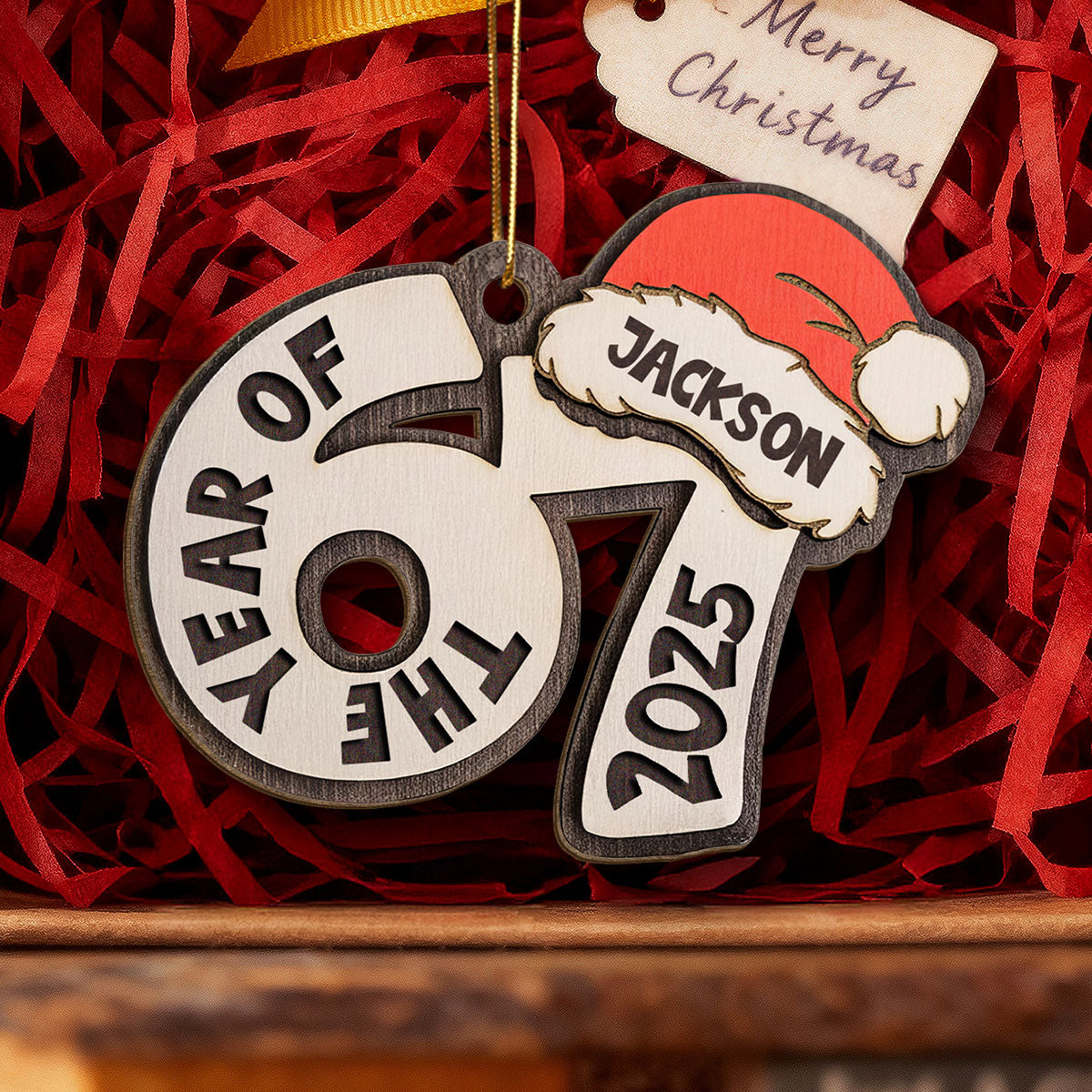 Custom Name The Year Of 67 Six Seven - Personalized Wooden Ornament - 2025 Slang, Funny Teen Grandkid, Gen Alpha Christmas Gift
