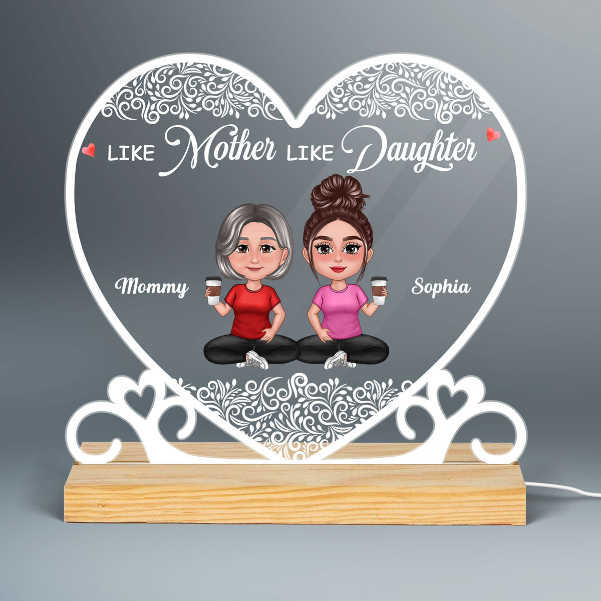 Pretty Doll Mother Daughters Heart Swirl Personalized Acrylic Custom Shape LED Night Light