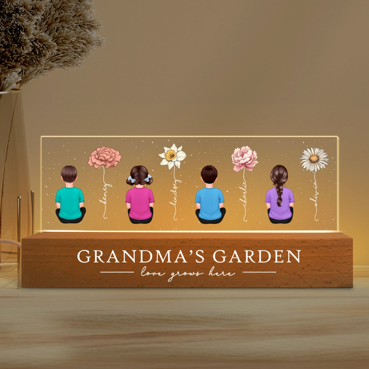 Vintage Birth Month Flowers Grandma's Garden - Personalized Acrylic Block Plaque LED Night Light - Gift for Mom, Gift for Grandma, Gift for Wife