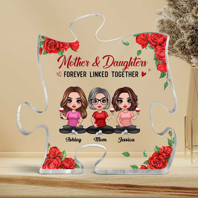 Rose Pattern Doll Mom And Daughters Sitting Gift For Mom Personalized Puzzle Acrylic Plaque