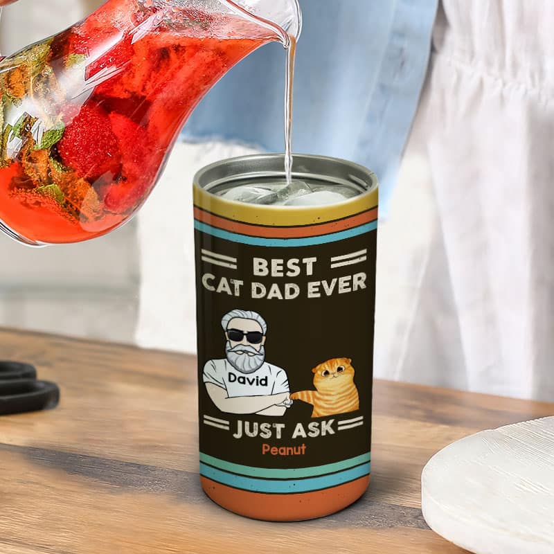Best Cat Dad Ever Retro Personalized Tumbler 4 In 1 Can Cooler Christmas Gift For Dad