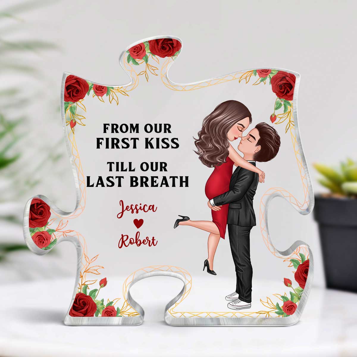 Hugging Couple From Our First Kiss Couple Personalized Acrylic Puzzle Plaque