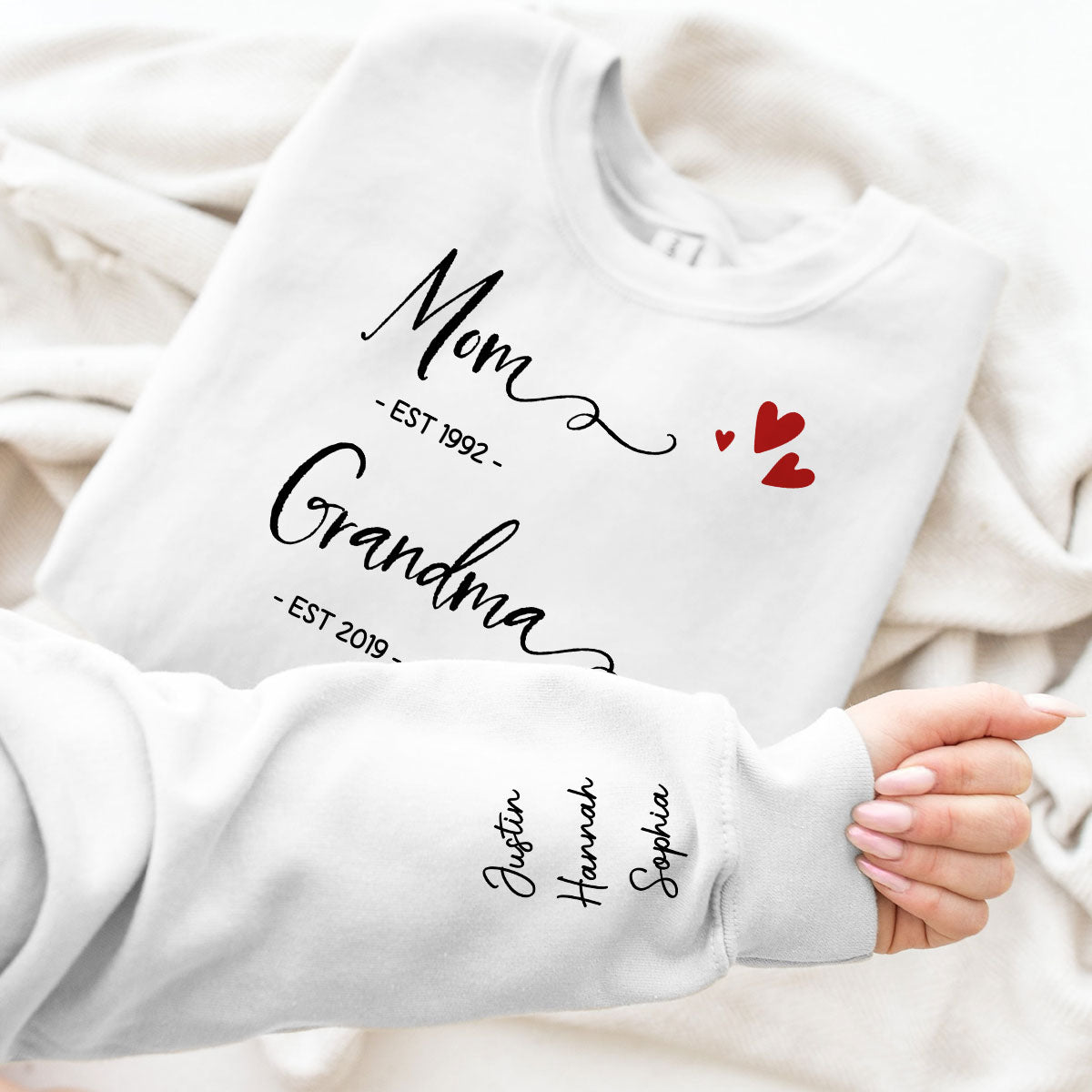 Mom Grandma Est Date, Gift, Personalized Sleeve Printed Sweatshirt